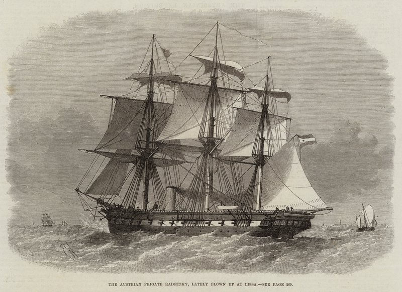 A fragata austríaca Radetzky, recentemente explodida em Lissa de Edwin Weedon