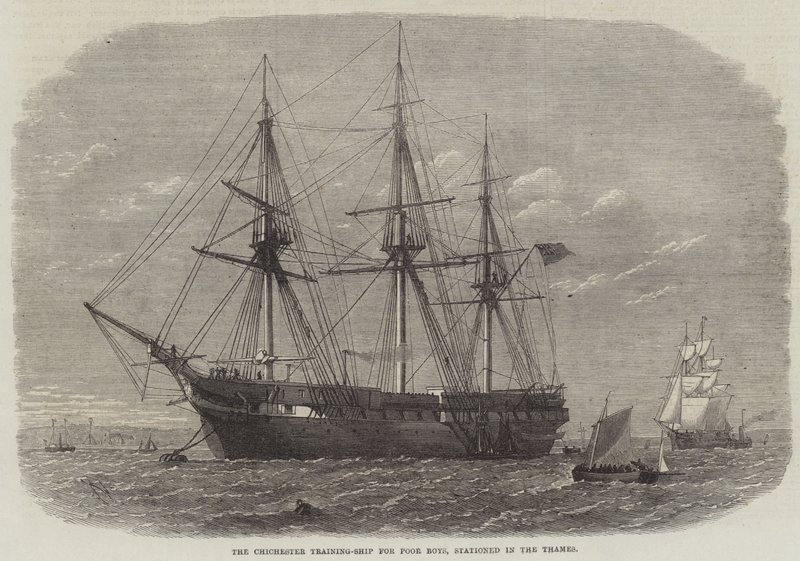 O navio de treinamento de Chichester para meninos pobres, estacionado no Tâmisa de Edwin Weedon