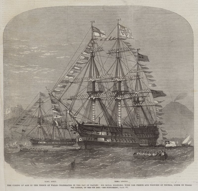 A vinda de idade do Príncipe de Gales celebrou na Baía de Nápoles, Sua Alteza Real, com o Príncipe e Princesa da Prússia, indo a bordo do London, no dia 9 Inst de Edwin Weedon