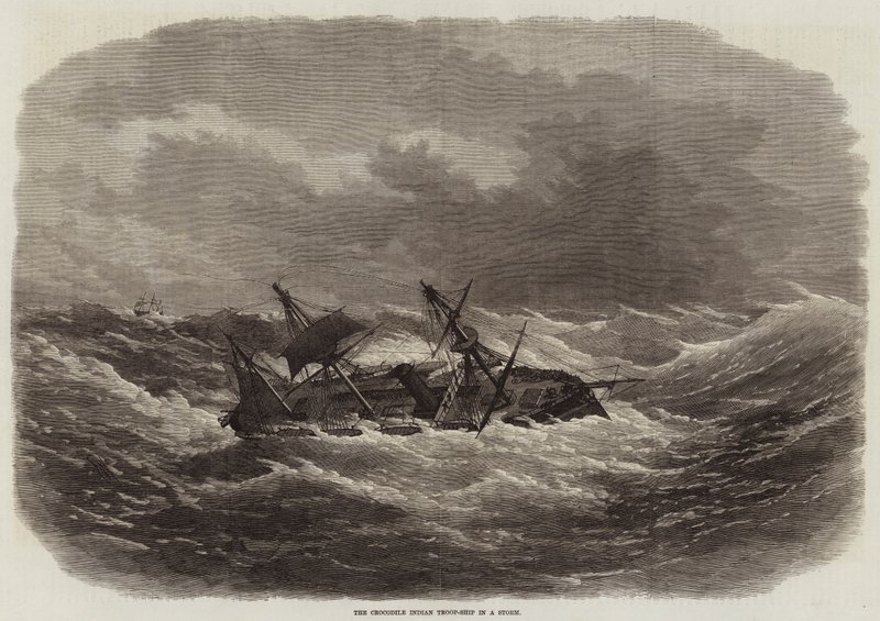 O navio-tropa indiano de crocodilo em uma tempestade de Edwin Weedon