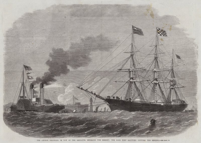 O George Griswold, em Tow of the Resolute, entrando no Mersey, saudando o Forte do Rock, mergulhando a Ensign de Edwin Weedon