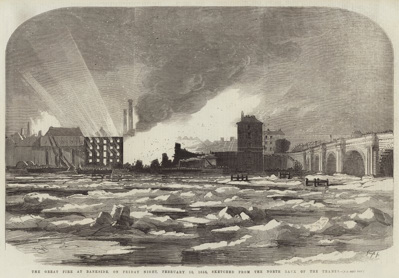 O Grande Incêndio em Bankside, na noite de sexta-feira, 16 de fevereiro de 1855, esboçado a partir da margem norte do Tâmisa de Edwin Weedon