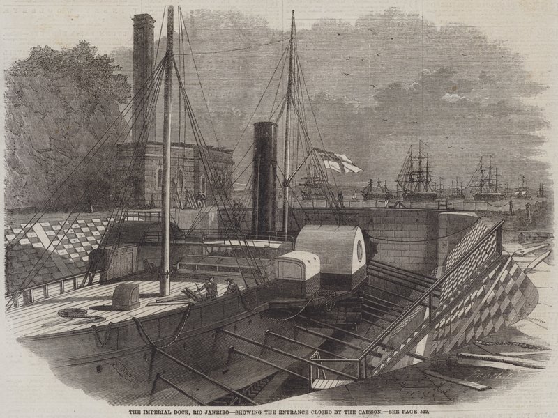 A Doca Imperial, no Rio de Janeiro, mostrando a entrada fechada pelo Caisson de Edwin Weedon