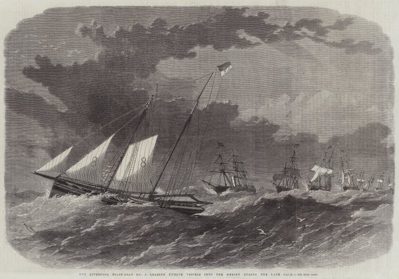 O barco-piloto nº 8 de Liverpool, levando doze embarcações para o Mersey durante o final da Vendaval de Edwin Weedon