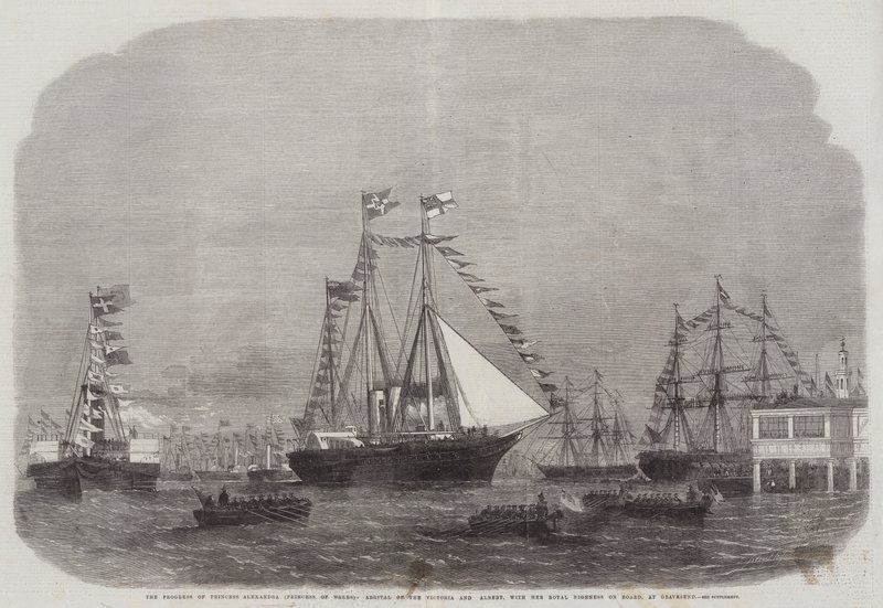 O progresso da princesa Alexandra (Princesa de Gales), chegada da Victoria e Albert, com sua Alteza Real a bordo, em Gravesend de Edwin Weedon