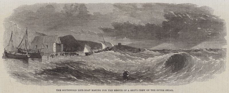 O barco salva-vidas Southwold fazendo para o resgate da tripulação de um navio no cardume externo de Edwin Weedon