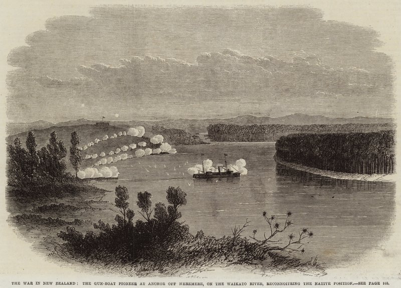 A guerra na Nova Zelândia, o pioneiro do gun boat em Anchor off Meremere, no rio Waikato, reconhecendo a posição nativa de Edwin Weedon