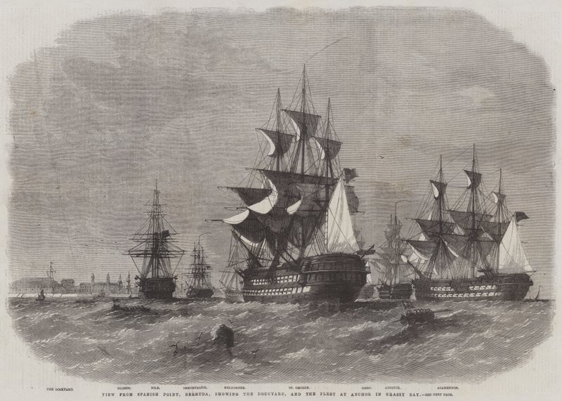 Vista, de, espanhol, ponto, bermudas, mostrando, a, Dockyard, e, a, frota, âncora, em, gramíneo, baía de Edwin Weedon