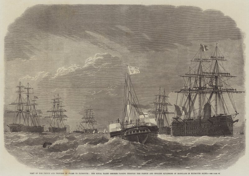 Visita do Príncipe e Princesa de Gales a Plymouth, o Royal Yacht Osborne passando pelos Esquadrões de Ironclads franceses e ingleses em Plymouth Sound de Edwin Weedon