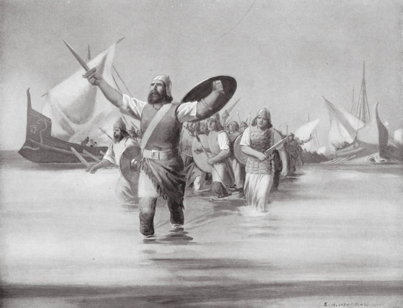 Desembarque de sidónios no sítio de Cartago (litografia) de Edwin A. Morrow