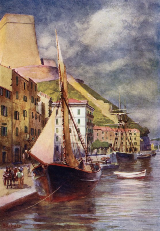 Córsega: O porto, Bonifacio (cor litho) de Edwin Arthur Norbury