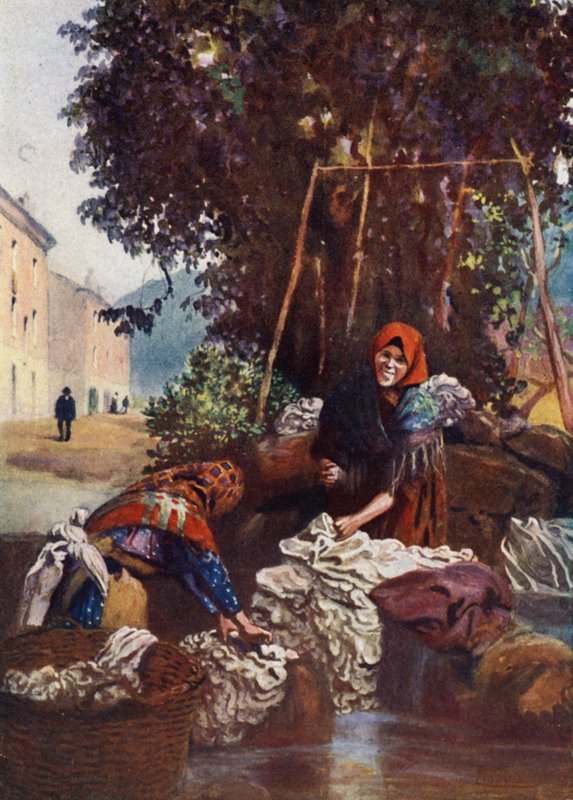Córsega: Mulher lavando linho (cor litho) de Edwin Arthur Norbury