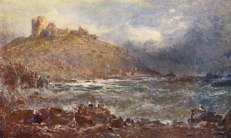 Castelo de Criccieth (litografia a cores) de Edwin Hayes