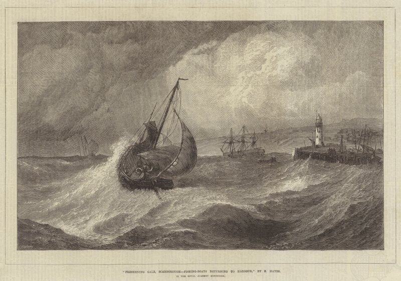 Freshening Gale, Scarborough, barcos de pesca retornando ao porto, na Royal Academy Exhibition de Edwin Hayes