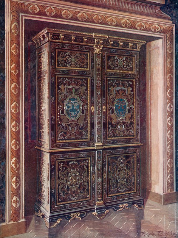 Armário em Ébano com Inserções de Latão Gravado e Metal Branco. Montagens de Ormolu perseguidas. O monograma real de inverteu L&39;S dentro dos medalhões ovais do azul de turquesa. Boulle. Projetado por Jean Berain de Edwin John Foley