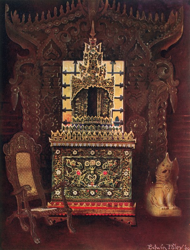 Mobília asiática da coleção de Lord Curzon de Kedleston, GCSI, DCL, etc. Porta esculpida e dourada de Burmese de Mandalay. Caixa de Manuscritos Budista (Poongyi) e Santuário (Sadaik) de Madeira E de Edwin John Foley