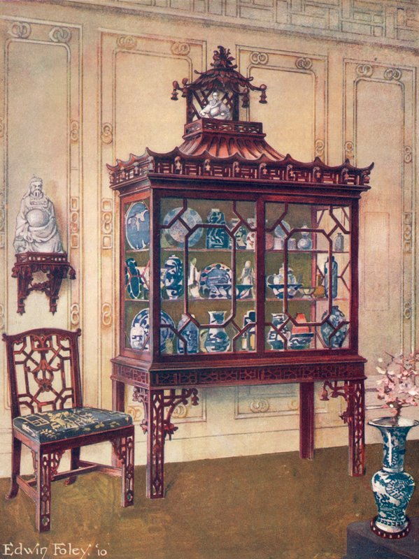 Caixa esculpida em porcelana chinesa da Chippendale, uma cadeira chinesa Chippendale de Edwin John Foley