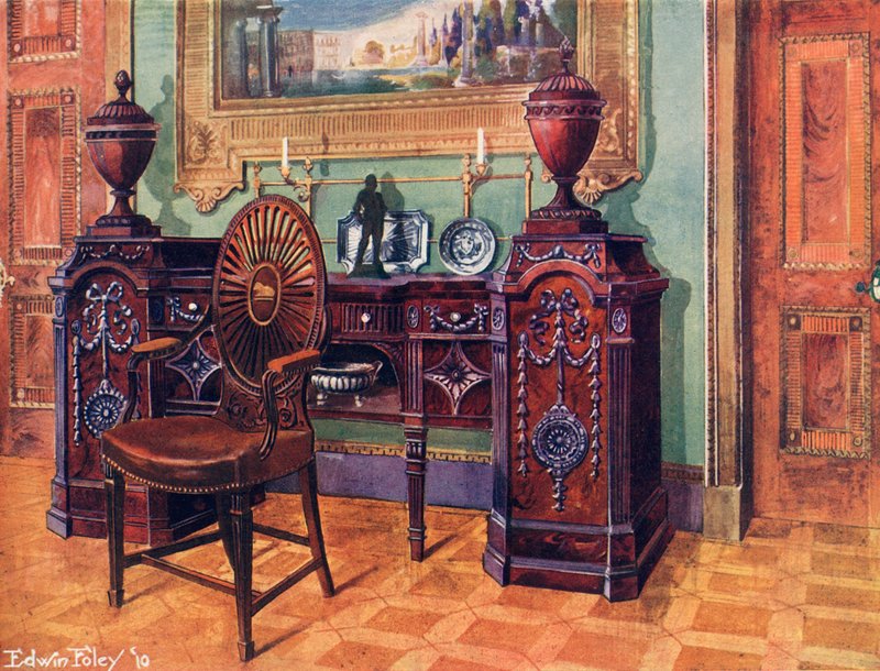 Aparador de pedestal de mogno esculpida. Cadeira do Mestre de Volante Oval de Edwin John Foley