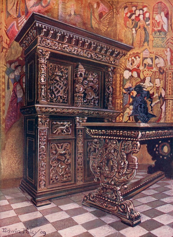 Armoire Carvalho Esculpido, tendo a cifra de Lambert Suavius de Liege. Mesa de carvalho esculpida de Edwin John Foley