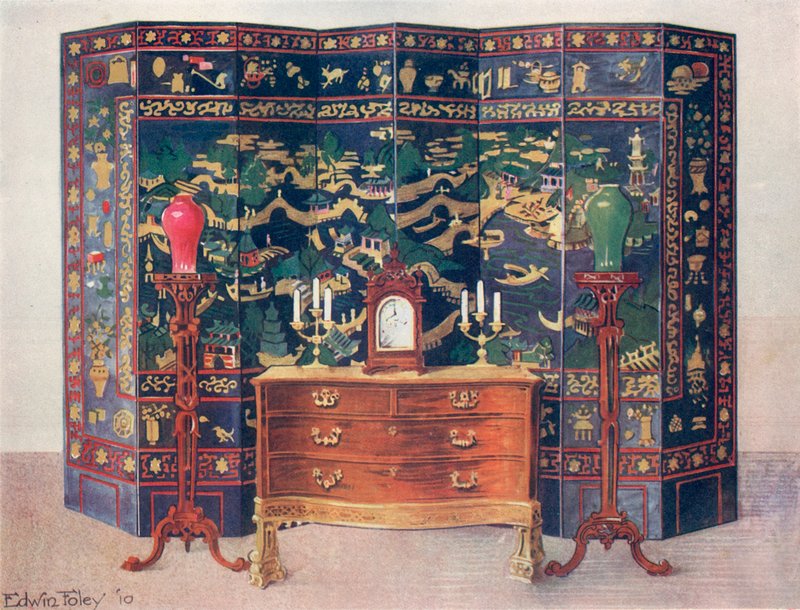 Tabela curvada do Commode - Chippendale sob a influência francesa. Incise e levantou lacado oito tela - chinês de Edwin John Foley