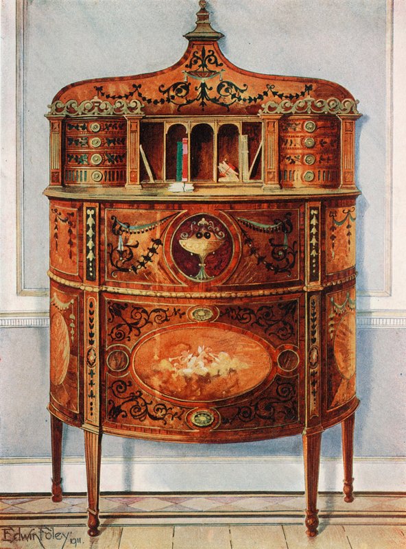 Armário embutido e pintado de escrivaninha-escrivaninha de Satinwood, Ormolu montado de Edwin John Foley
