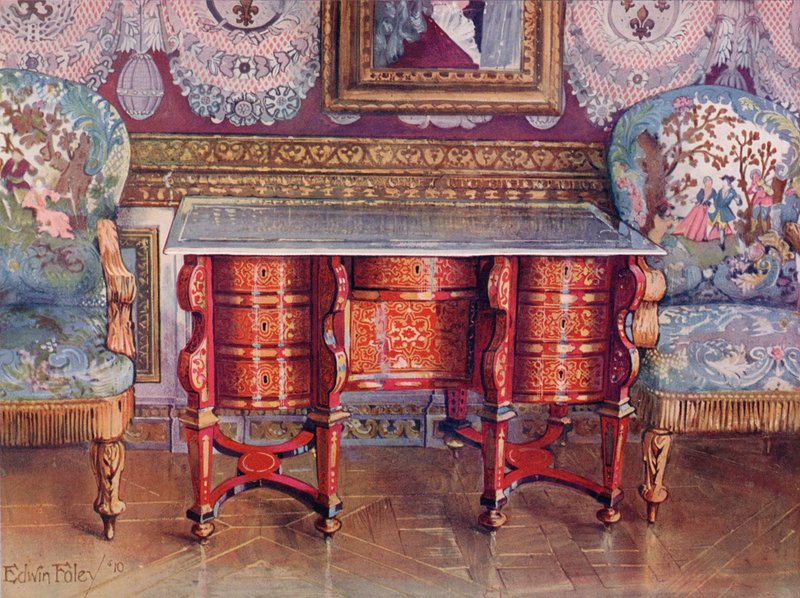 Mesa de Escrita Kneehole em Tortoiseshell Vermelho e Tampo em Aço Lacado. Boulle. Gilt Fauteuils, estofado em tapeçaria de Edwin John Foley