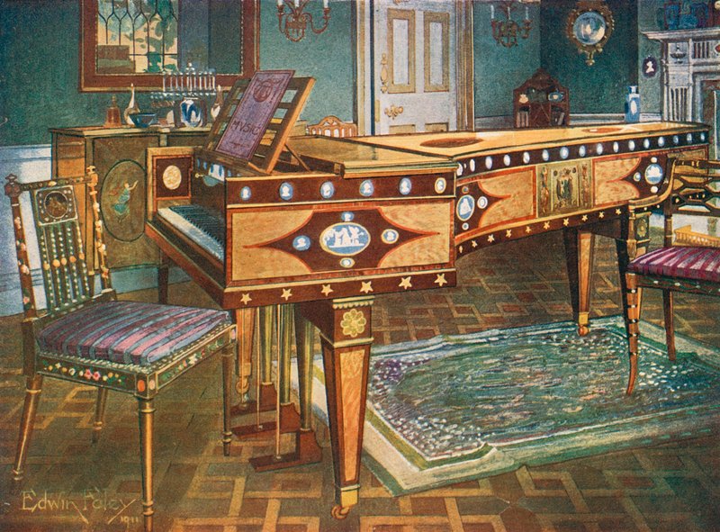 Móveis Decorativos do final do século XVIII. Pianoforte Incrustado de Mogno e Mogno, com Placas de Wedgwood, Ormolu, Painel e Estrelas, Apresentado por Manuel Godoy à Rainha da Espanha em 1796. de Edwin John Foley