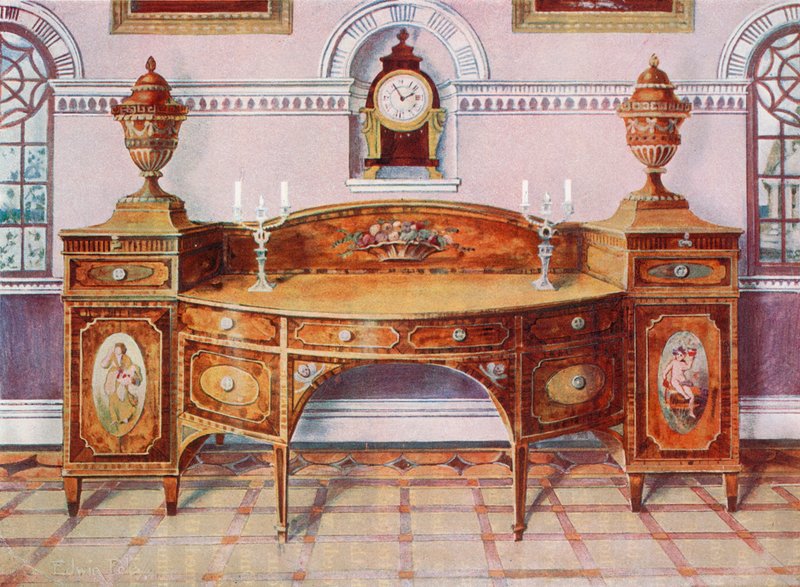 Aparador de cetim pintado e embutido. Relógio de suporte de mogno de Edwin John Foley
