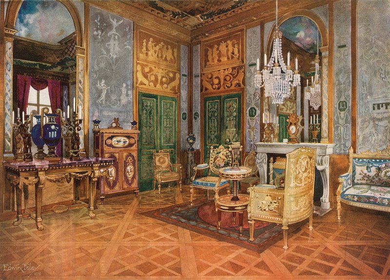 Auditório da rainha Marie Antoinette, palácio de Fontainebleau, França. Console esculpido e dourado. Canapé dourado na tapeçaria de Beauvais. Tabela, Ormolu Montado e com Placas Sevres. Cabine de Marqueteria de Edwin John Foley