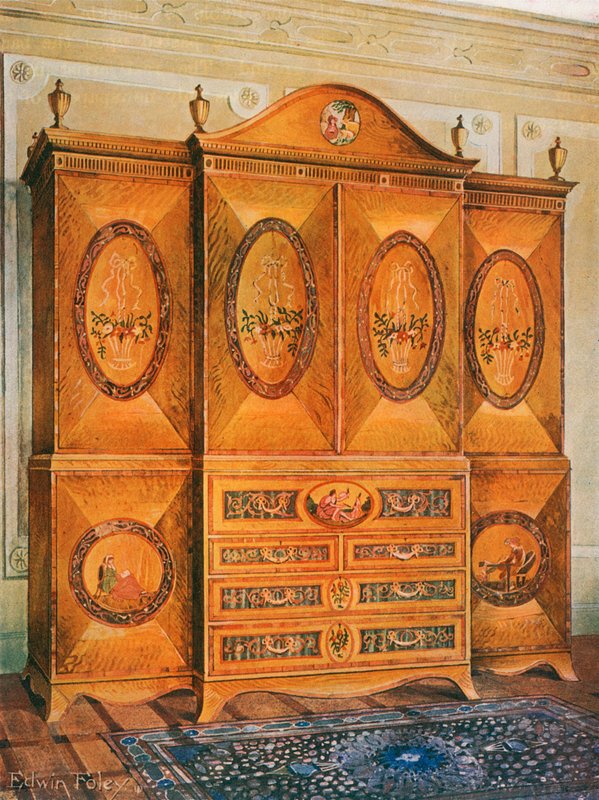 Guarda-roupa de cetim, incrustada com tulipas, madeira, azevinho, ébano, mogno e outras madeiras de Edwin John Foley