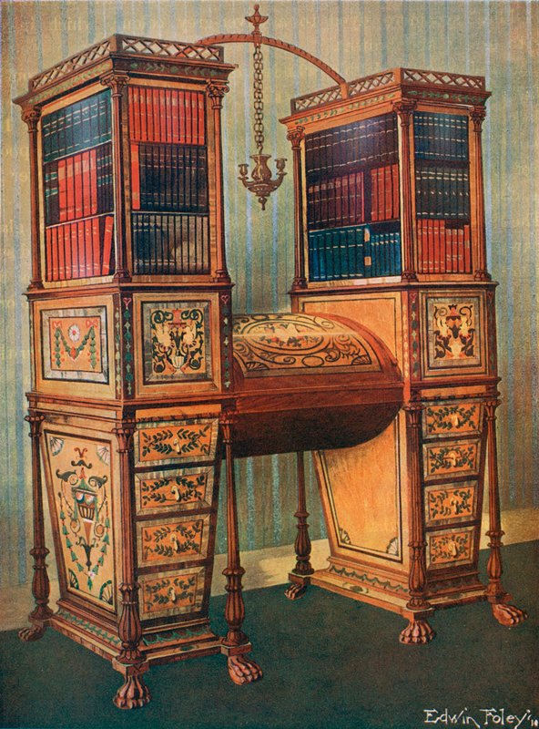The Sisters Incrustada Double Secretaire e estante de gabinete - Sheraton, por volta de 1800 de Edwin John Foley