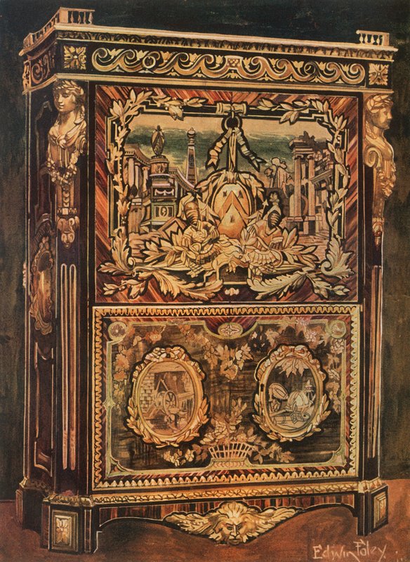Secretaire vertical incrustado em várias madeiras, com montagens de bronze fundido, cravado e dourado de Edwin John Foley