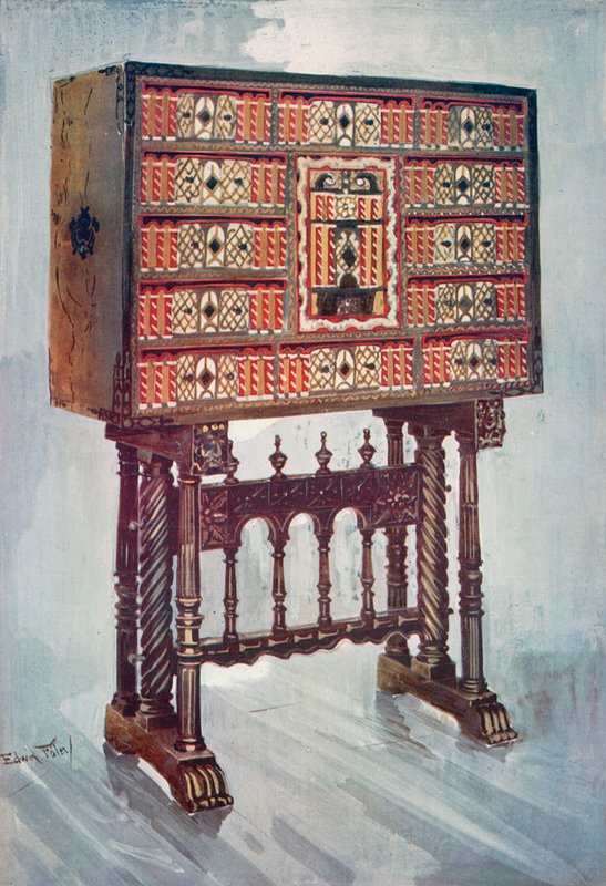 Armário Vargueno de Castanho, Marfim, etc., Pintado e Dourado com Aço Forjado e Suportes de Aço: Sobre Suporte Torcido, Virado e Esculpido de Edwin John Foley