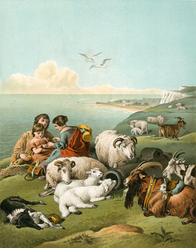 Crianças brincando com ovelhas e cabras nas falésias brancas de Edwin Landseer