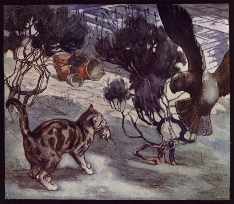 Caçadores de Ratos Rival, Gatos e Coruja (cor litho) de Edwin Noble