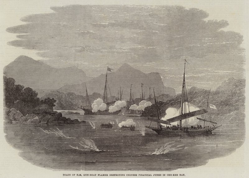 Barcos de HM Gun-Boat Flamer destruindo sucatas chinesas piratas na baía de Cho-Kee de Edwin Weedon