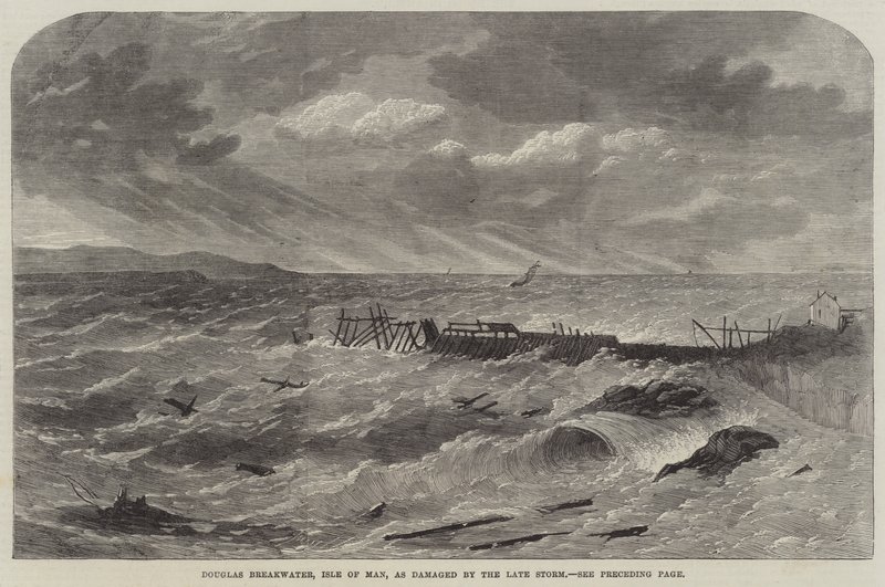Douglas quebra-mar, ilha de Man, como danificado pelo final da tempestade de Edwin Weedon