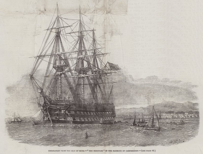 Emigração da Ilha de Skye, o Hércules no porto de Campbelton de Edwin Weedon