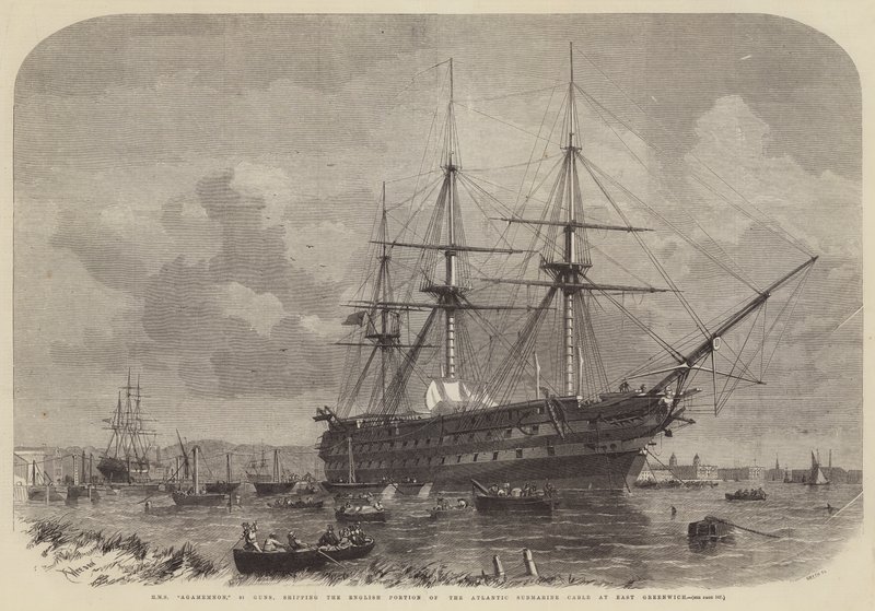 HMS Agamenon, 91 Guns, transportando a parte inglesa do cabo submarino do Atlântico em East Greenwich de Edwin Weedon