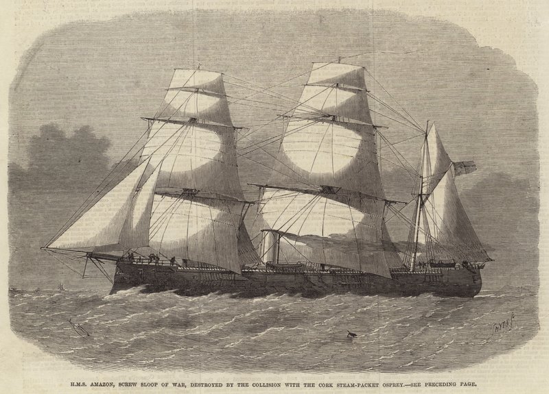 HMS Amazônia, Sloop de Guerra de Parafuso, destruída pela Colisão com o Osprey de Pacote de Vapor de Cortiça de Edwin Weedon
