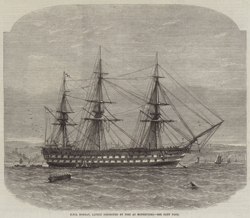HMS Bombay, recentemente destruído pelo fogo em Montevidéu de Edwin Weedon