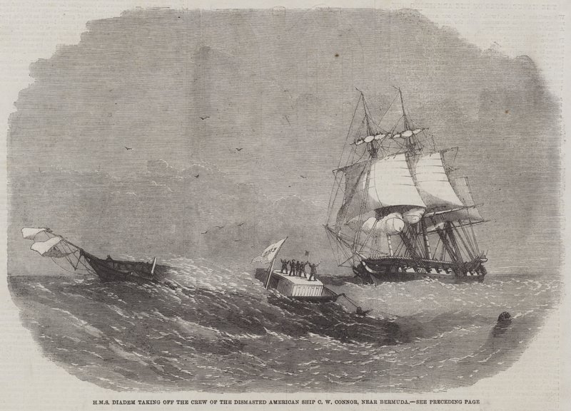 HMS Diadem decolando a tripulação do navio americano Dismasted CW Connor, perto de Bermuda de Edwin Weedon