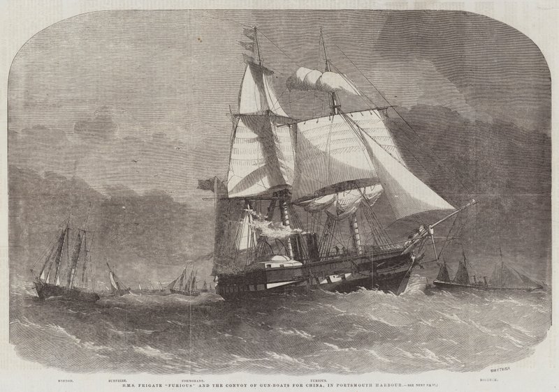 HMS Frigate Furious e o comboio de gun-boats para a China, no porto de Portsmouth de Edwin Weedon