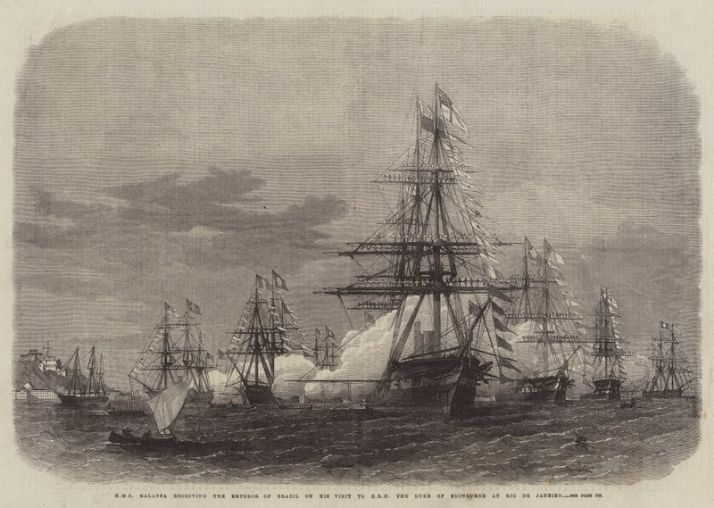 HMS Galatea recebendo o Imperador do Brasil em sua visita a SAR o Duque de Edimburgo no Rio de Janeiro de Edwin Weedon