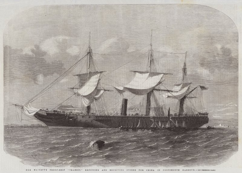 Trânsito de navio de tropas de sua majestade, remontando e recebendo lojas para a China no porto de Portsmouth de Edwin Weedon