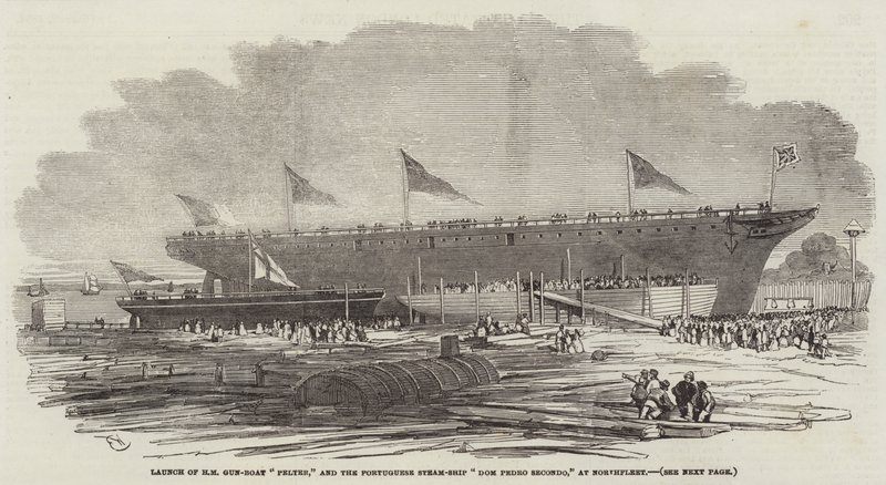 Lançamento do HM Gun-Boat Pelter e do navio a vapor Português Dom Pedro Secondo, em Northfleet de Edwin Weedon