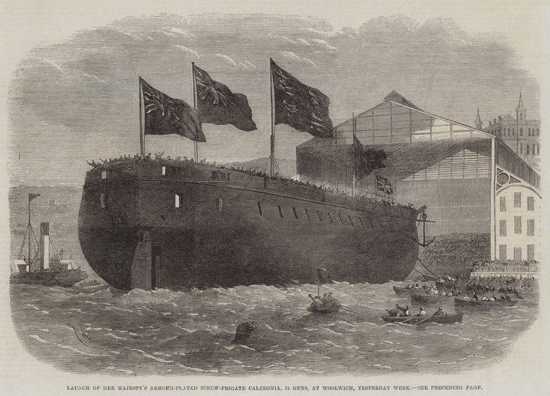 Lançamento de Parafuso-Fragata Caledônia Blindada em Armadura de sua Majestade, 31 Guns, em Woolwich, Ontem Semana de Edwin Weedon