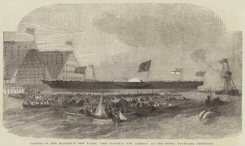Lançamento do novo iate de sua majestade, Victoria e Albert, no Royal Dockyard, Pembroke de Edwin Weedon