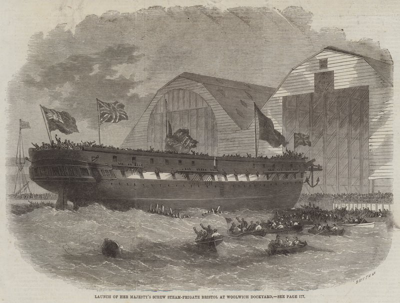 Lançamento do Parafuso à Vapor de Parafuso de Sua Majestade, em Bristol, no estaleiro de Woolwich de Edwin Weedon