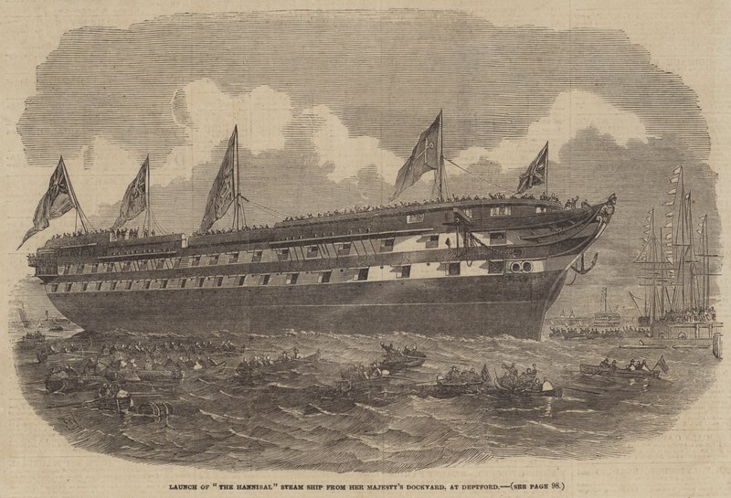 Lançamento do navio a vapor Hannibal do estaleiro da majestade, em Deptford de Edwin Weedon